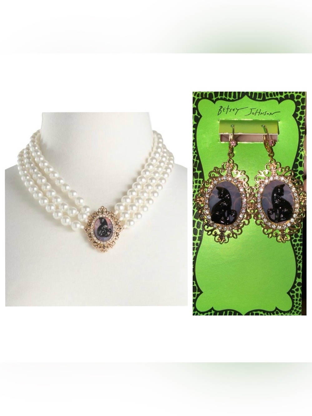 BETSEY JOHNSON SET Halloween Victorian Goth Cat Cameo Earrings & Necklace NWT